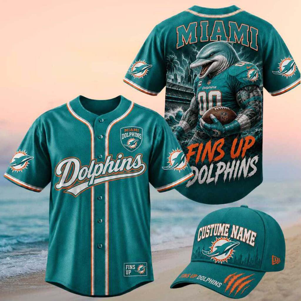 Miami Dolphins Muscular Mascot Fins Up Graphic Baseball Jersey Dolphins Merch Gifts For Him - Merchluma