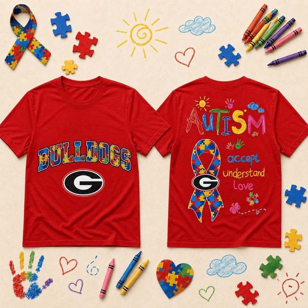 Georgia Bulldogs Autism Awareness Puzzle Ribbon T-Shirt Bulldogs Merch Autism Support Gift - Merchluma
