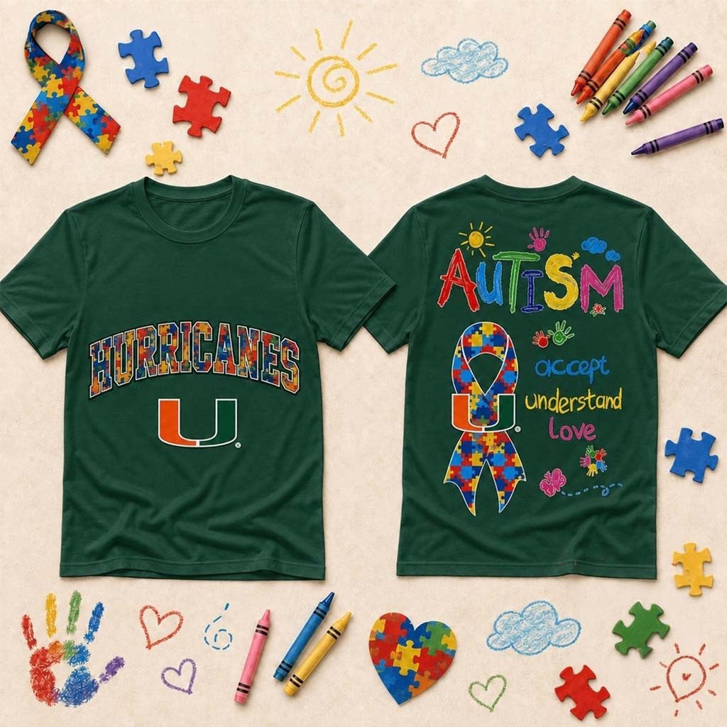 Miami Hurricanes 2026 Autism Awareness Puzzle Ribbon T-Shirt Hurricanes Merch Autistic Presents - Merchluma