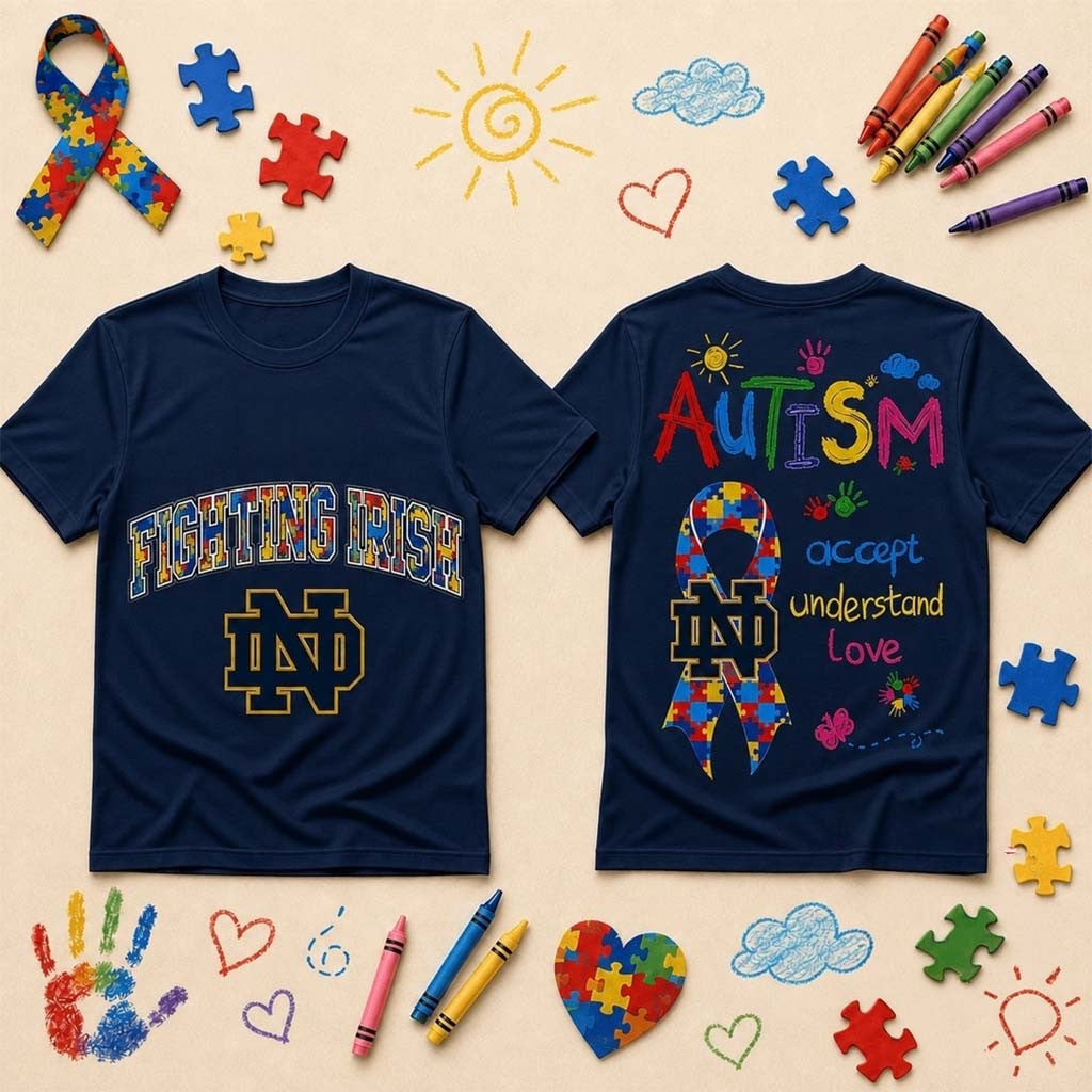 Notre Dame Fighting Irish Merch Autism Awareness Puzzle Ribbon T-Shirt Autism Awareness Gifts - Merchluma
