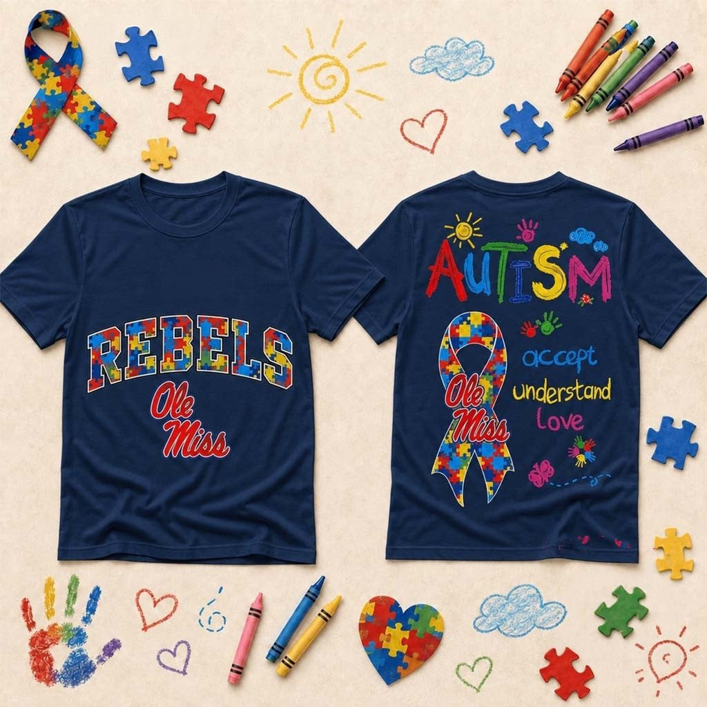 Ole Miss Rebels Autism Awareness Puzzle Ribbon T-Shirt Rebels Merch Gifts That Support Autism - Merchluma