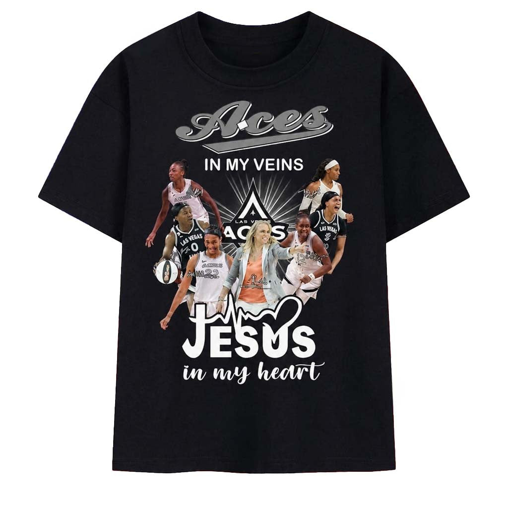 Las Vegas Aces In My Veins Jesus In My Heart Signatures WNBA 2026 T-Shirt LV Aces Merch - Merchluma