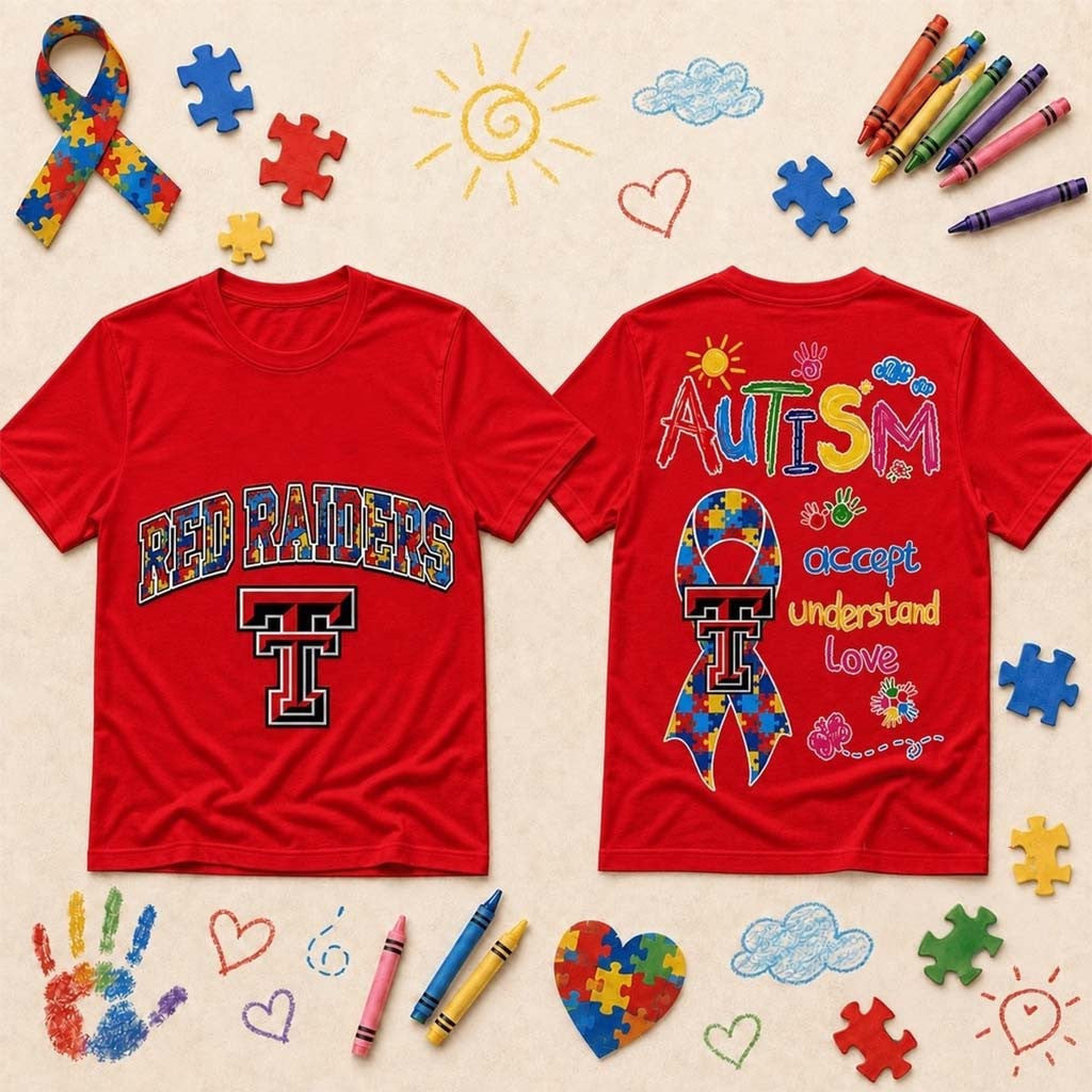Texas Tech Red Raiders Merch Autism Awareness Puzzle Ribbon T-Shirt Autism Gifts Adults - Merchluma