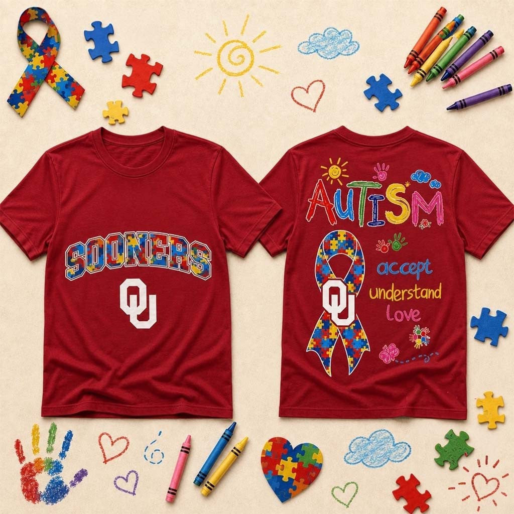 Oklahoma Sooners Autism Awareness Puzzle Ribbon T-Shirt Sooners Merch Gift For Son - Merchluma