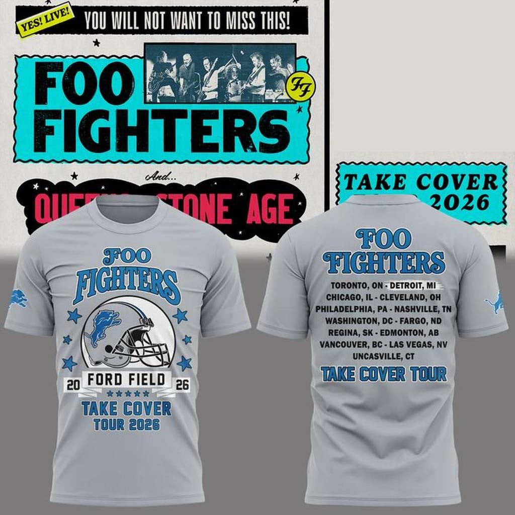 Foo Fighters X Detroit Lions Merch FF Take Cover Tour 2026 T-Shirt Gifts For Rock Band Fans - Merchluma