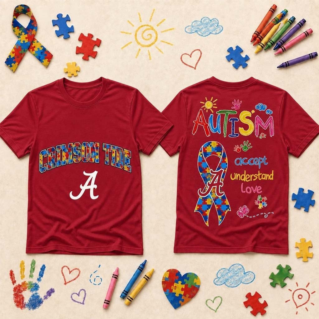 Alabama Crimson Tide Autism Awareness Puzzle Ribbon T-Shirt Fan Merch Autistic Gifts - Merchluma