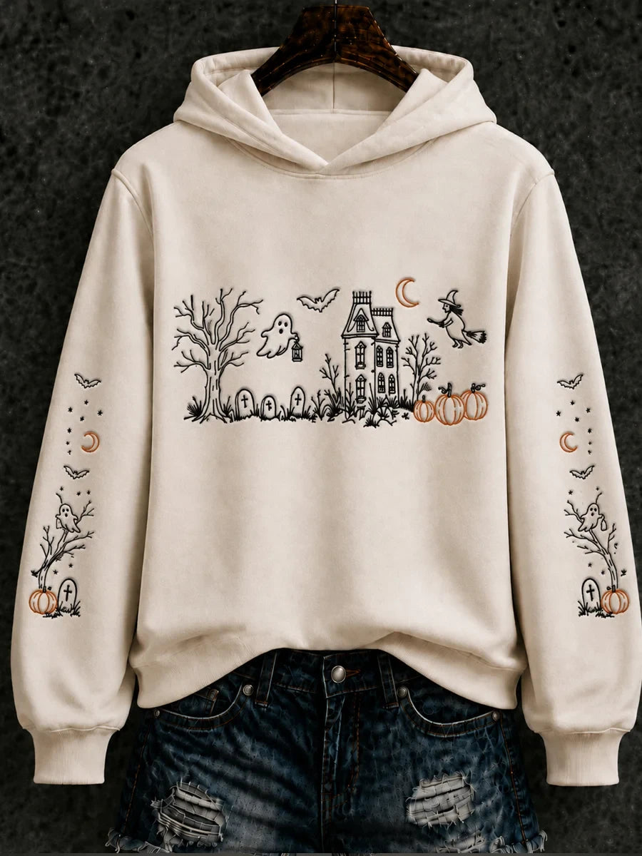 Cute Halloween Haunted House Hoodie Cozy Cream Spooky Ghost Pumpkin Clothing Gifts For Her - Merchluma