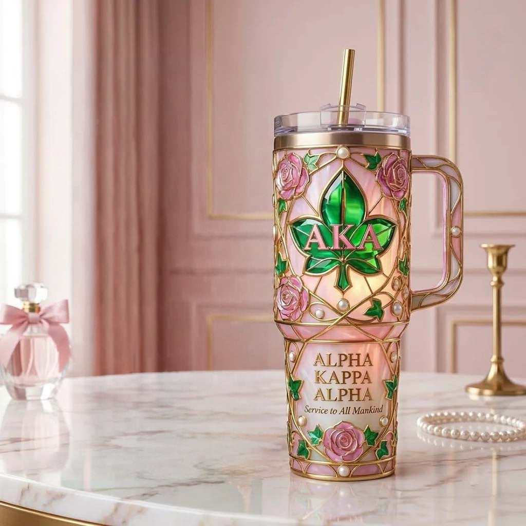 Alpha Kappa Alpha Stained Glass Rose Stanley Tumbler Service To All Mankind AKA Merch Gifts - Merchluma