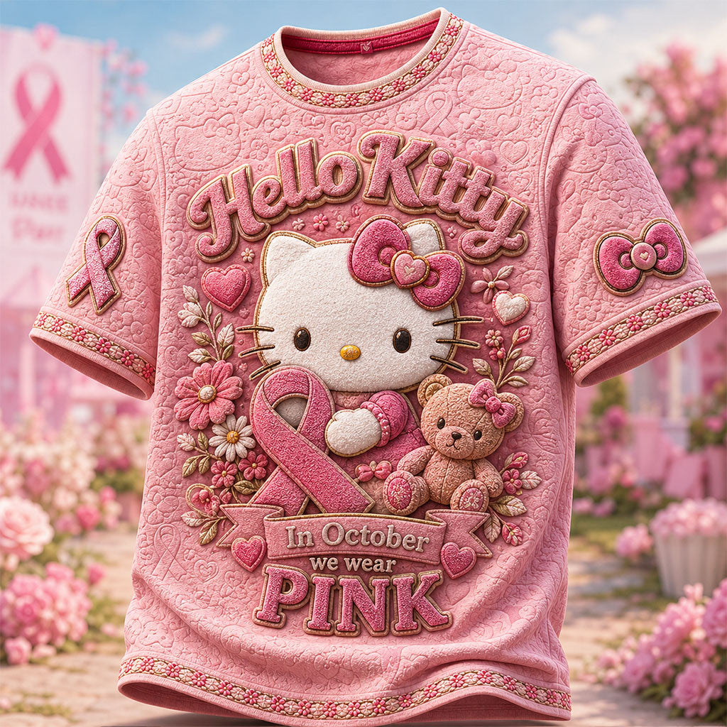 Hello Kitty In October We Wear Pink Shirt Breast Cancer Awareness T-Shirt Gifts For Her - Merchluma