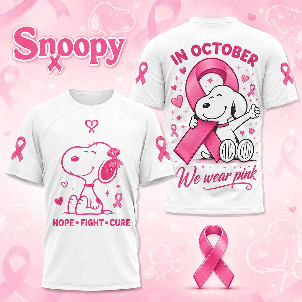 Snoopy Hope Fight Cure In October We Wear Pink Shirt Breast Cancer Awareness Snoopy Merch - Merchluma