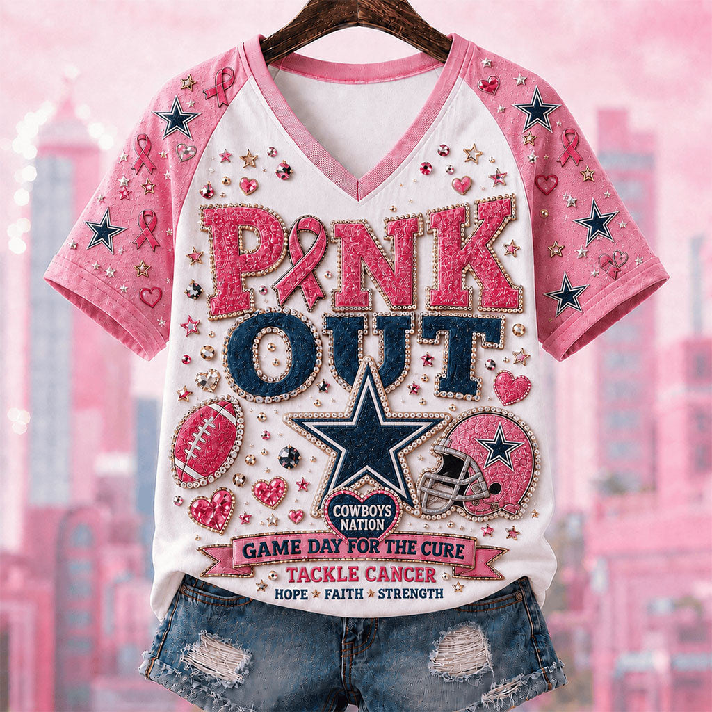 Dallas Cowboys Breast Cancer Awareness V-Neck T-Shirt Pink Out Game Day For Cure Cowboys Merch - Merchluma