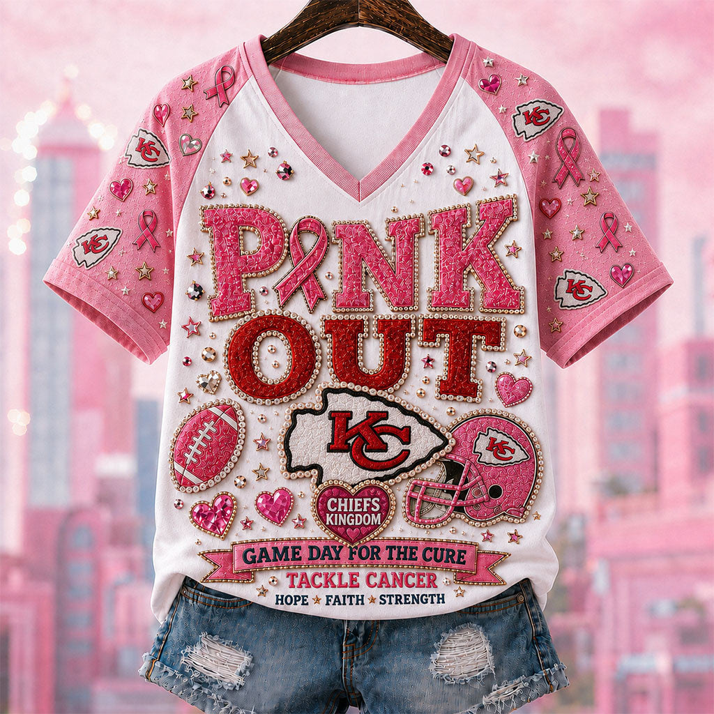 Kansas City Chiefs Breast Cancer Awareness V-Neck T-Shirt Pink Out Game Day For Cure Chiefs Merch - Merchluma