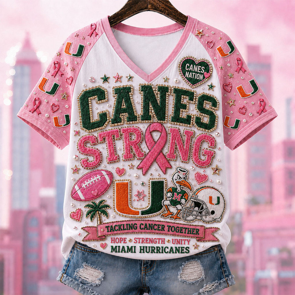 Miami Hurricanes Breast Cancer Awareness V-Neck Shirt Pink Out Game Day For Cure Hurricanes Merch - Merchluma