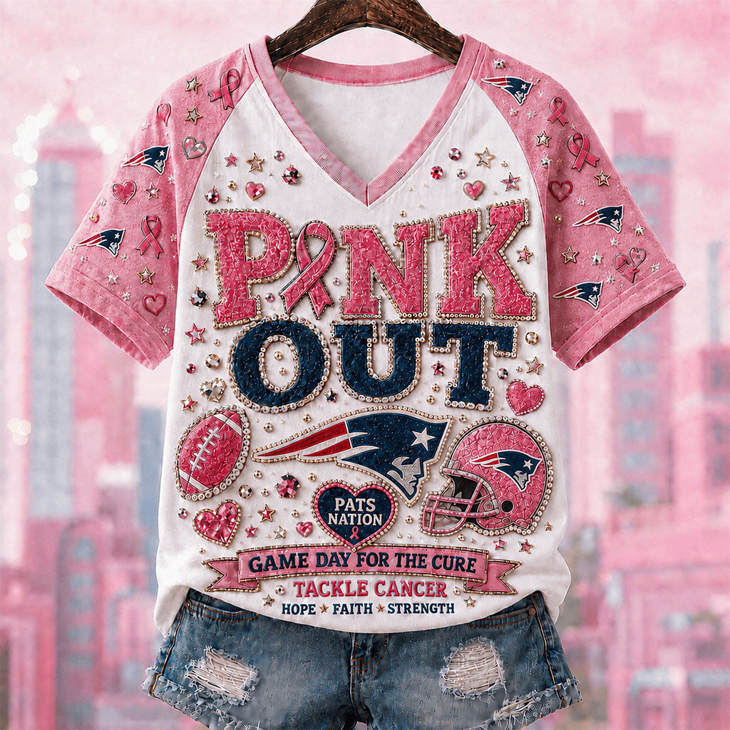 NE Patriots Breast Cancer Awareness V-Neck Shirt Pink Out Game Day For Cure Patriots Merch - Merchluma