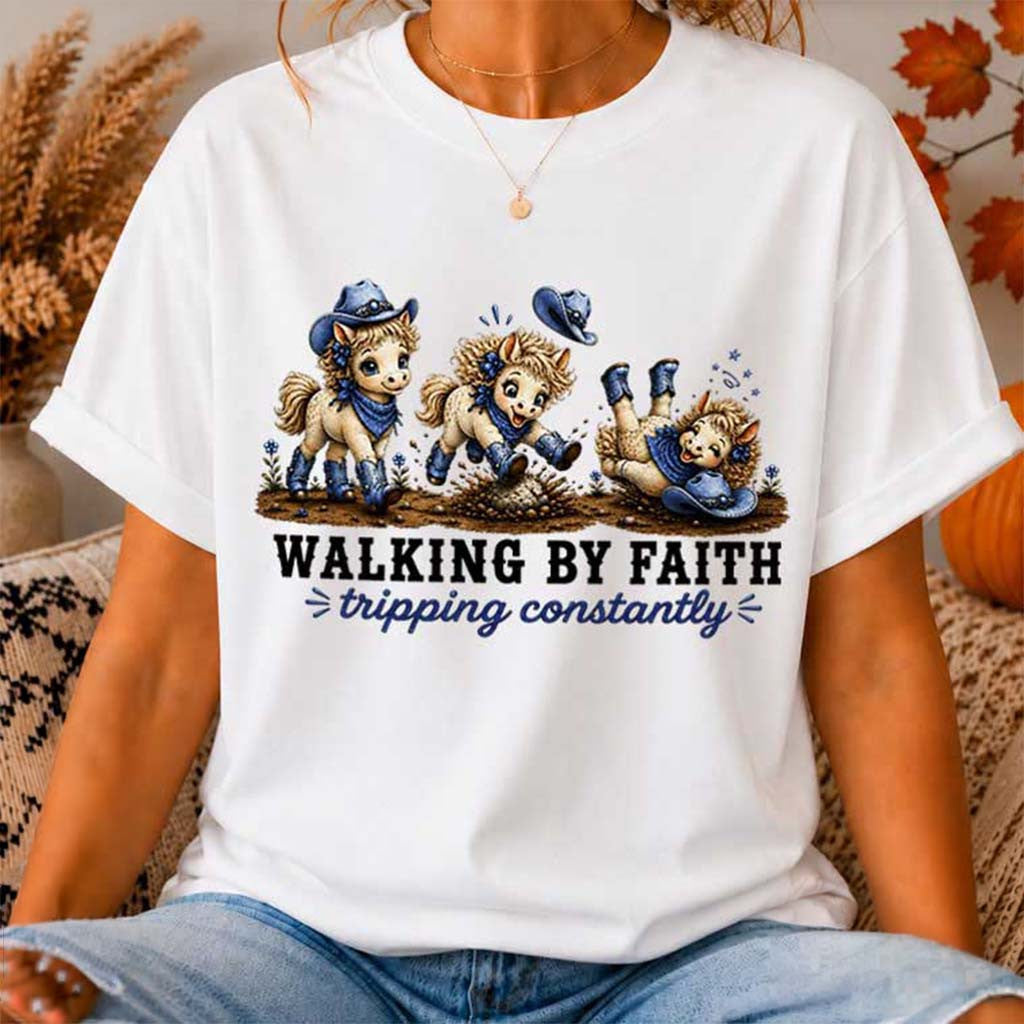 Denim Blue Cowgirl Horse Walking By Faith Tripping Constantly T-Shirt Christian Gift Ideas - Merchluma
