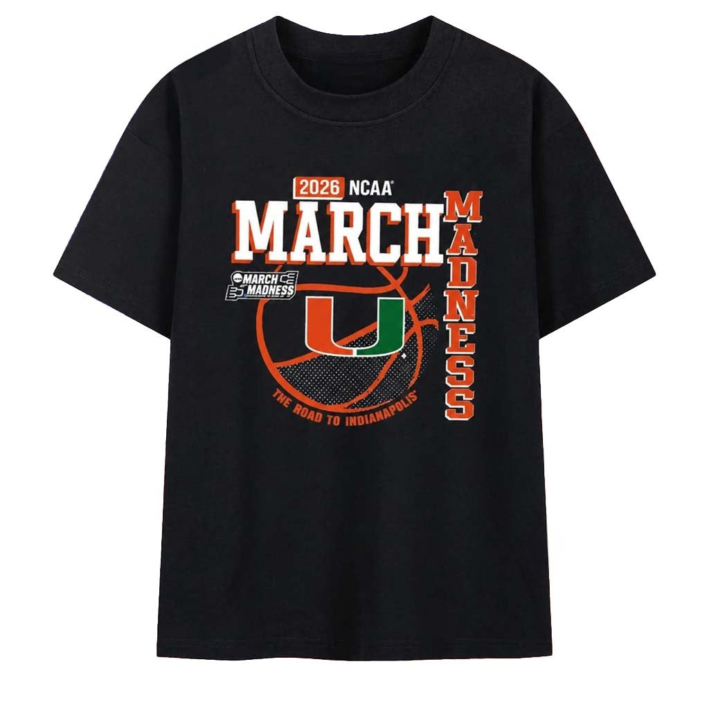 Miami Hurricanes Merch 2026 Mens Basketball March Madness The Road To Indianapolis T-Shirt - Merchluma