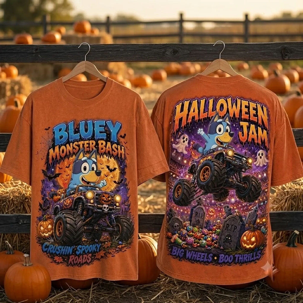 Bluey Halloween Monster Bash Orange T-Shirt Big Wheels Boo Thrills Shirt Halloween Gift Ideas - Merchluma
