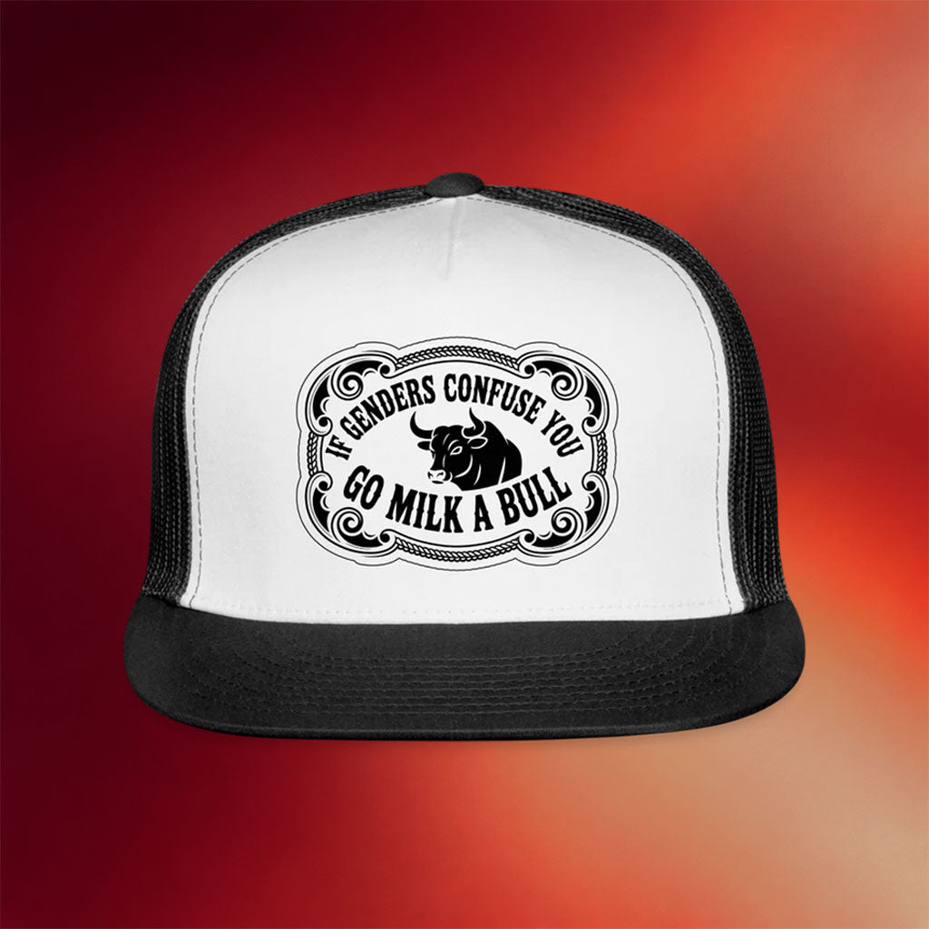 Clown World Apparel Merch 2026 If Genders Confuse You Go Milk A Bull Snapback Trucker Hat Gifts - Merchluma