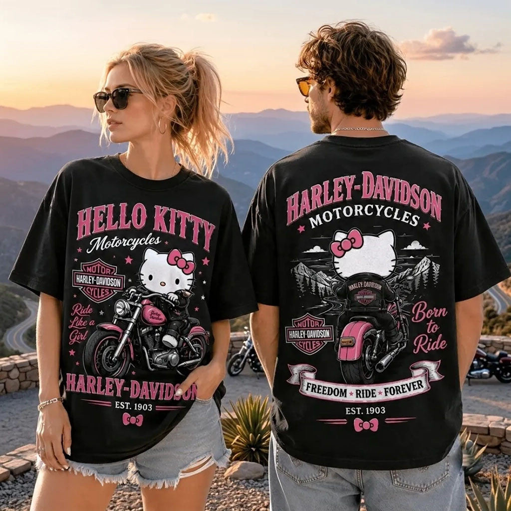 Hello Kitty X Harley-Davidson Born To Ride T-Shirt Freedom Ride Forever Motorcycles Fan Gifts - Merchluma