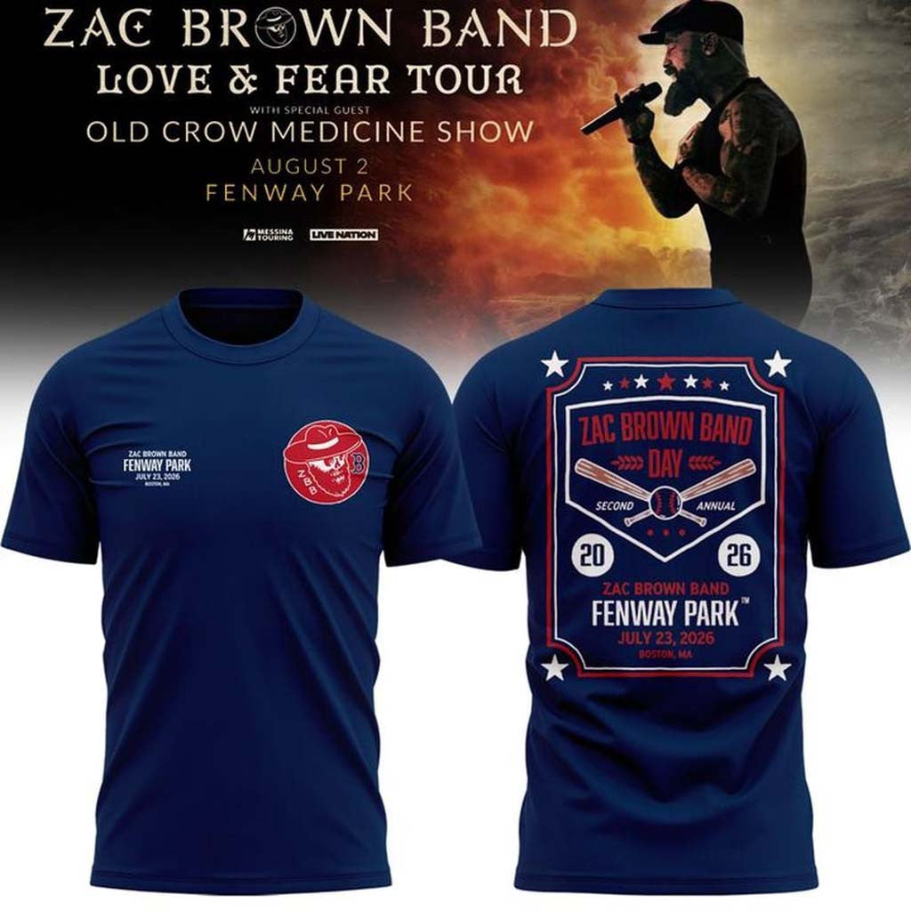 Zac Brown Band x Boston Red Sox Merch Love and Fear Tour 2026 T-Shirt Navy Baseball Fan Gear - Merchluma