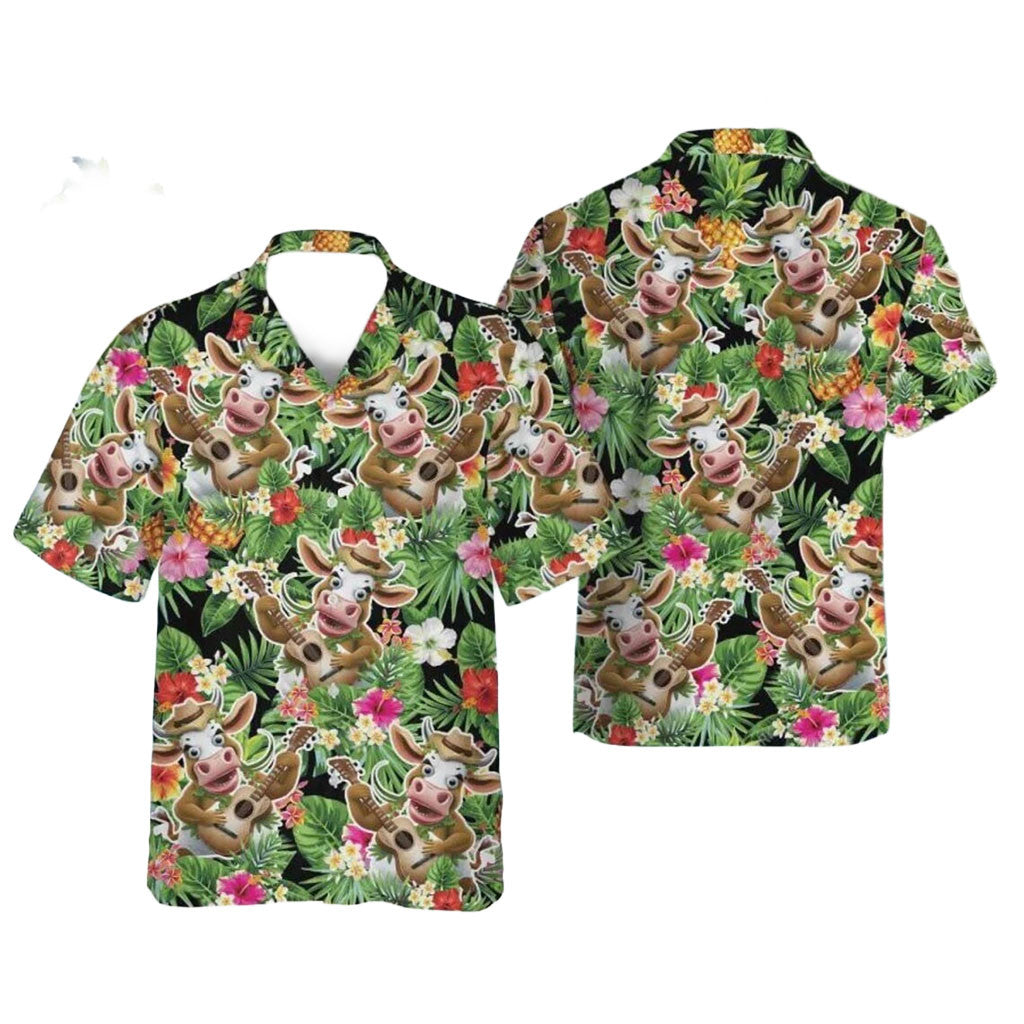 Cow Playing Guitar Hawaiian Shirt Tropical Themed Summer Aloha Shirt Gift For Cow Lovers - Merchluma