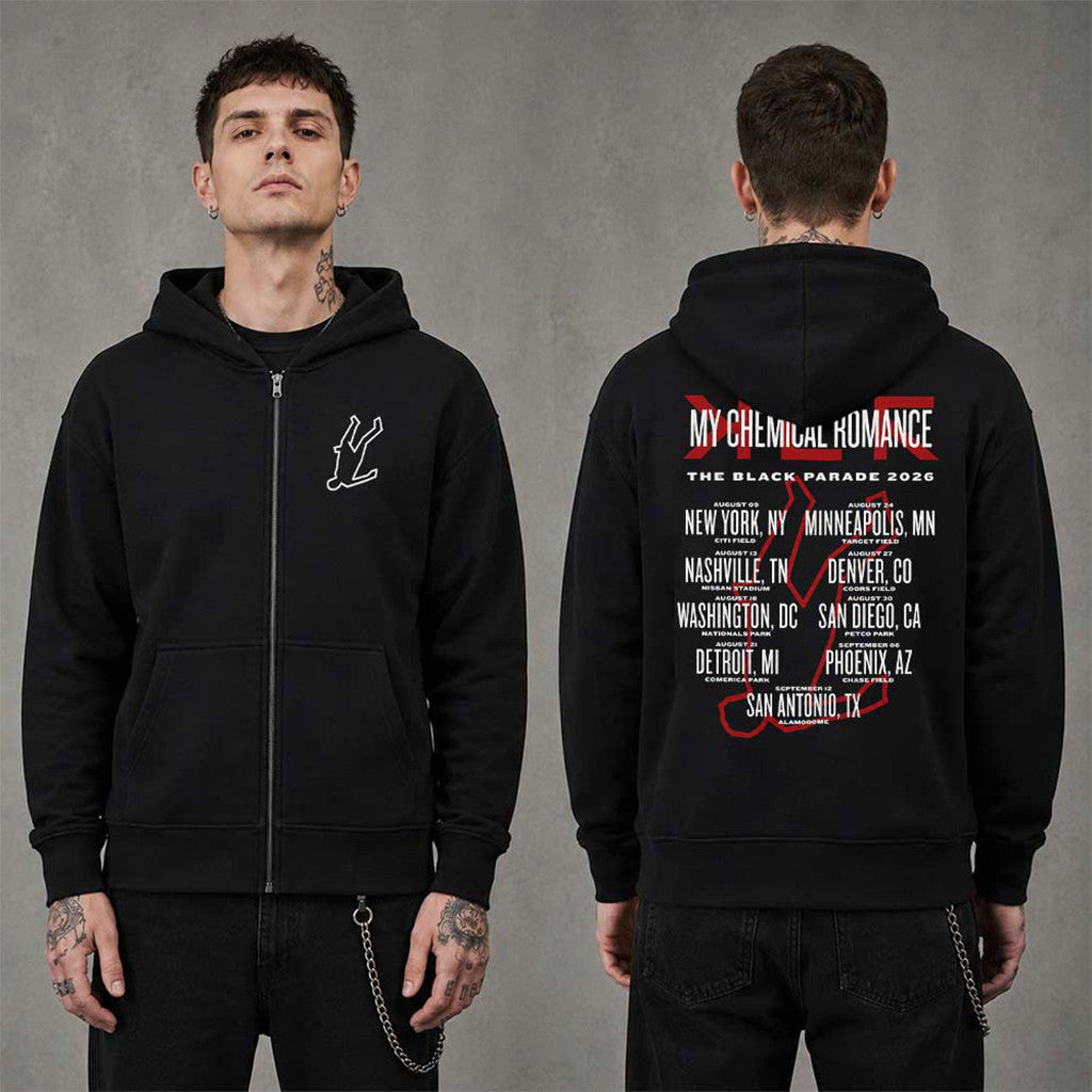 My Chemical Romance Merch The Black Parade Tour 2026 North America City Dates Zip Hoodie - Merchluma