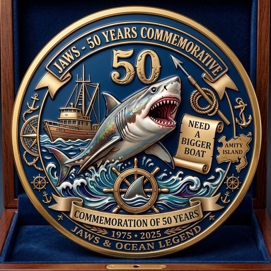 Jaws 50th Anniversary 1975 2025 Commemorative Coin Need A Bigger Boat Coin Jaws Movie Merch - Merchluma