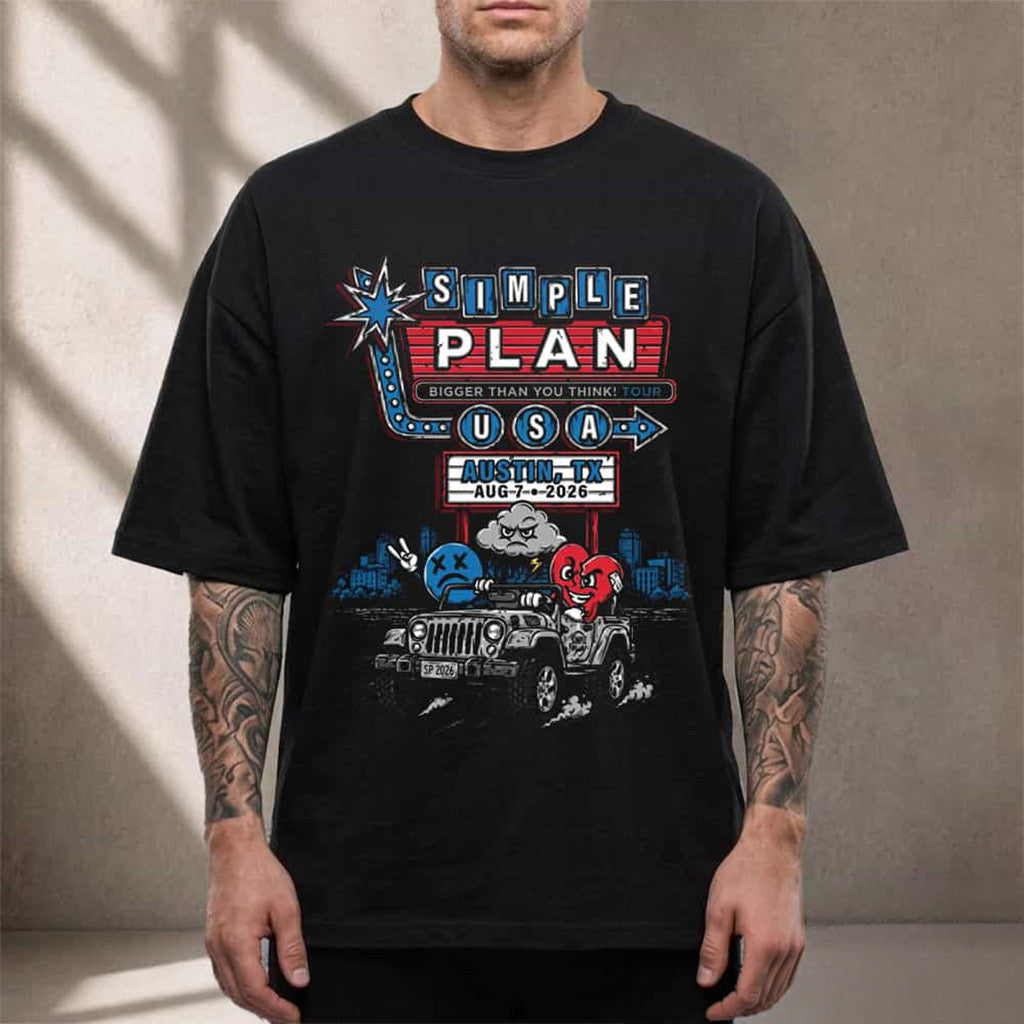 Simple Plan Austin Texas 2026 Event Bigger Than You Think Tour T-Shirt Simple Plan Merch - Merchluma