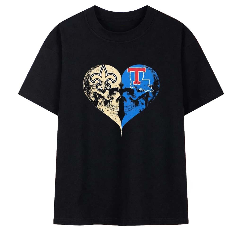 New Orleans Saints X Louisiana Tech Bulldogs Skulls Face To Face Heart Shape T-Shirt Fan Merch - Merchluma