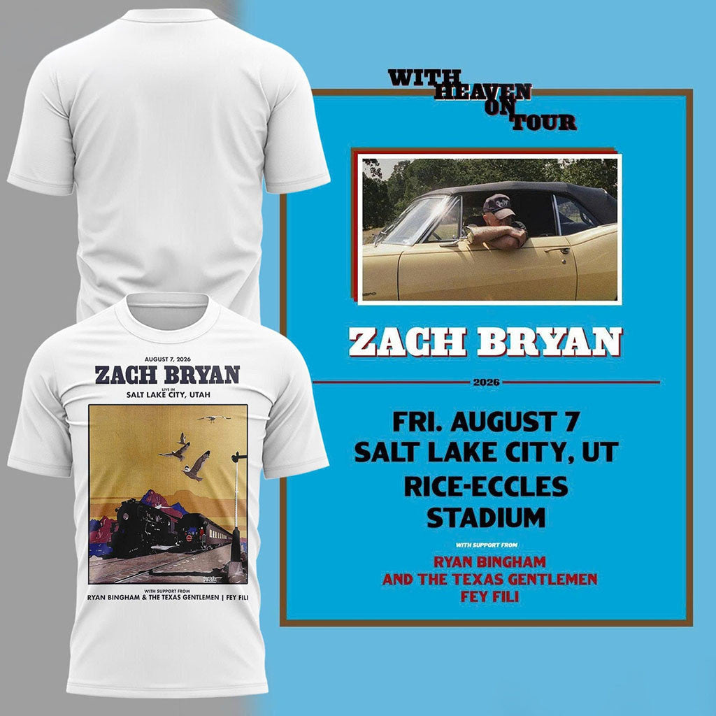 2026 Zach Bryan Rice-Eccles Stadium Concert T-Shirt With Heaven On Tour 2026 Merch Fan Gifts - Merchluma