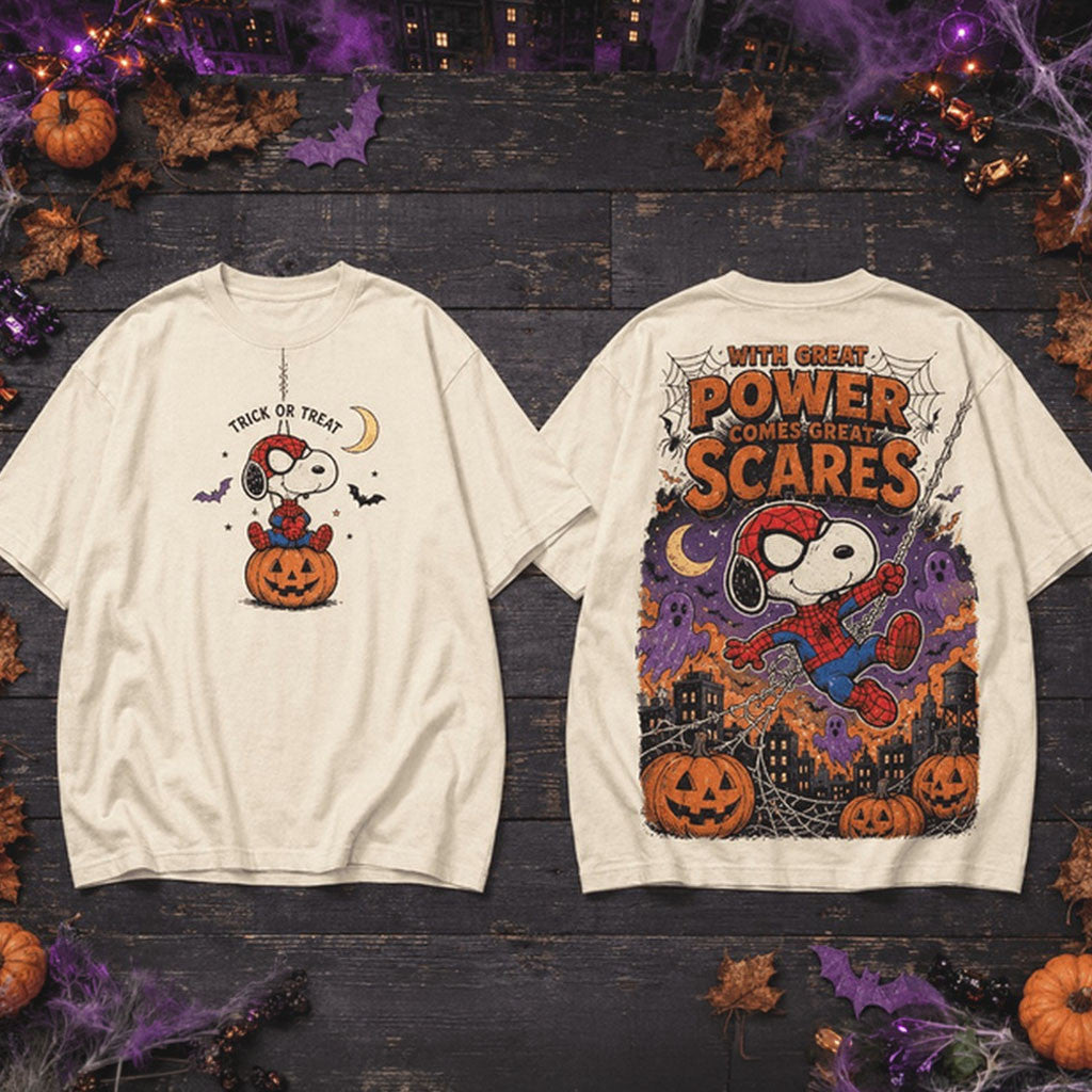 Snoopy Spider-Man Halloween Great Power Great Scares T-Shirt Trick Or Treat Snoopy Merch - Merchluma