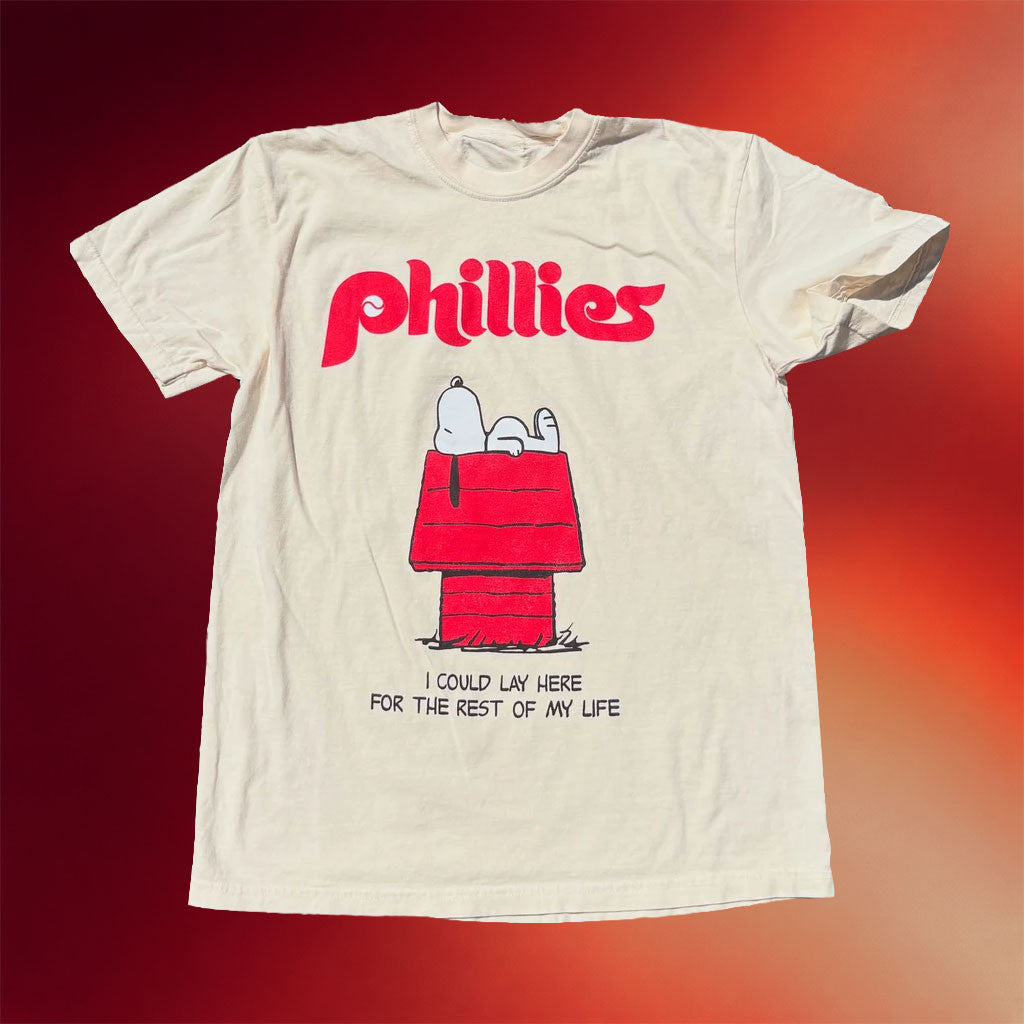 Church Dust Merch 2026 Phillies X Snoopy T-Shirt I Could Lay Here For The Rest Of My Life Tee - Merchluma