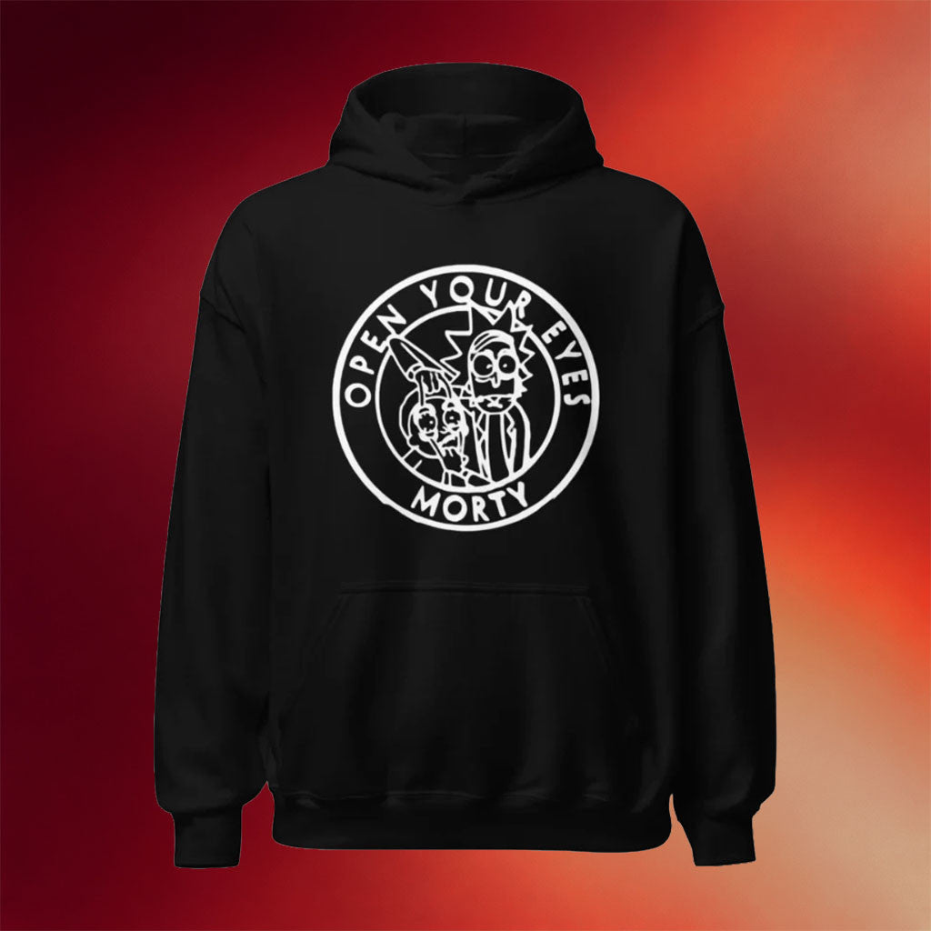 Rick And Morty Merch 2026 Logo Hoodie Black Open Your Eyes Morty Hoodie Sitcom Fan Gifts - Merchluma