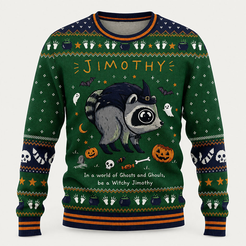 Witchy Jimothy Halloween Ugly Holiday Sweater Funny Raccoon Apparel Gifts For Halloween - Merchluma