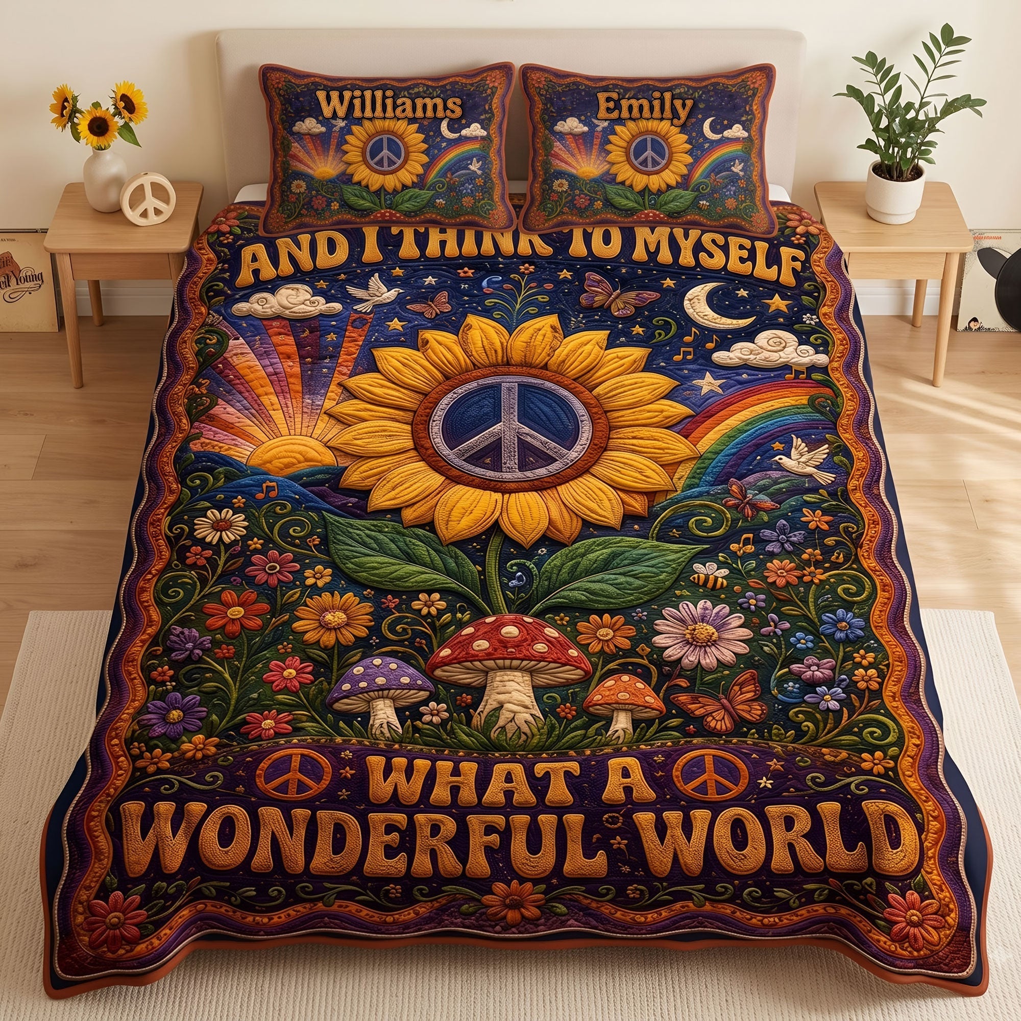 Personalized What A Wonderful World Bohemian Quilt Bed Set Bedroom Decor Gifts For Music Lovers - Merchluma