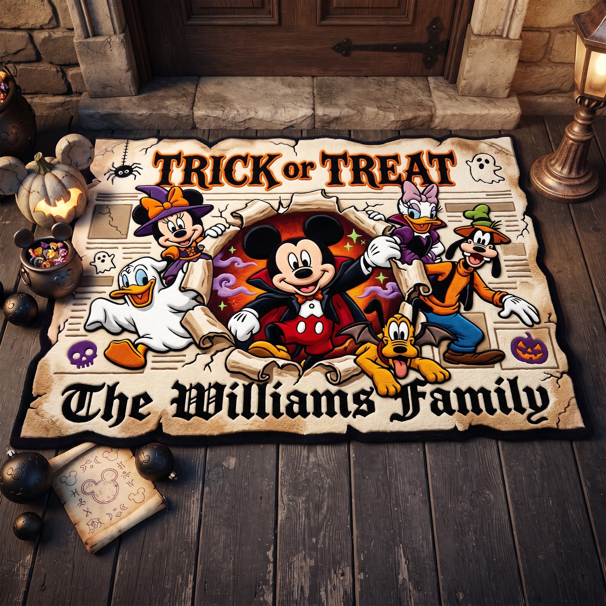 Personalized Mickey And Friends Trick or Treat Doormat Halloween Home Decor Cartoon Lovers Gift - Merchluma