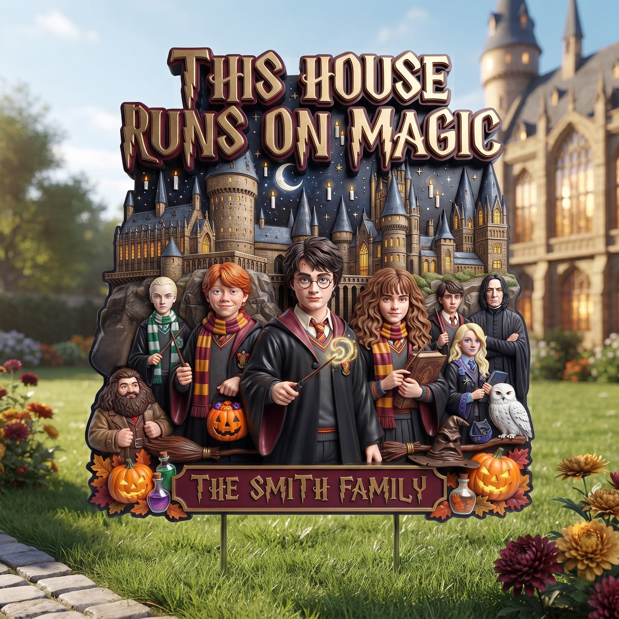 Personalized Harry Potter This House Runs On Magic Yard Sign Movie Lover Halloween Lawn Decor - Merchluma