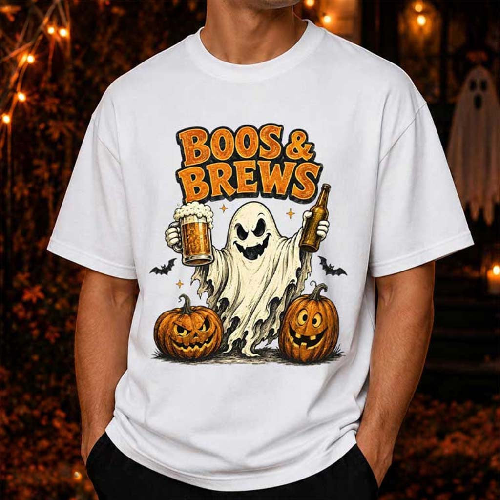 Boos And Brews Ghost With Beer Shirt Funny Halloween T-Shirt Gifts For Friends - Merchluma
