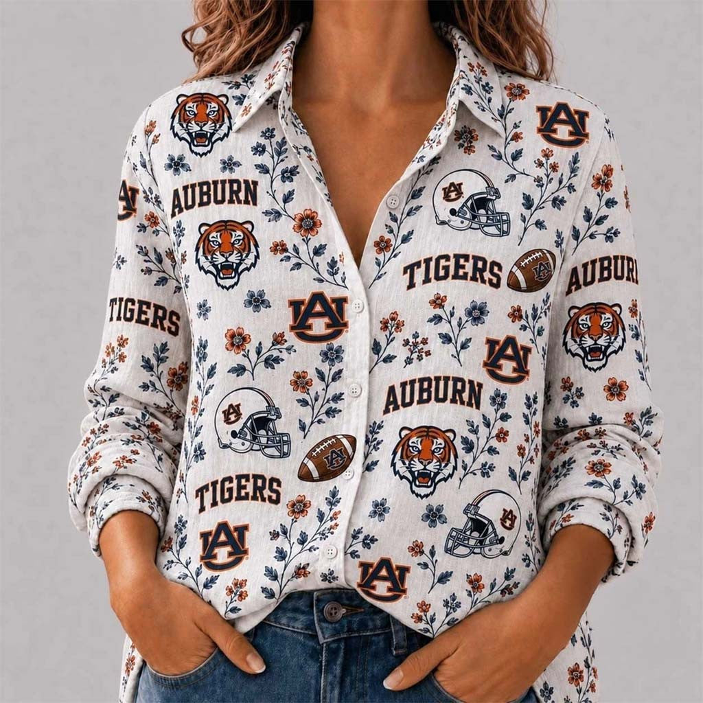 Auburn Tigers College Spirit Blossoms Long Sleeve Button Up Shirt Auburn Tigers Merch Women - Merchluma