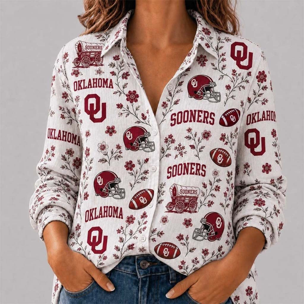 Oklahoma Sooners College Spirit Blossoms Long Sleeve Button Up Shirt Sooners Merch Women - Merchluma