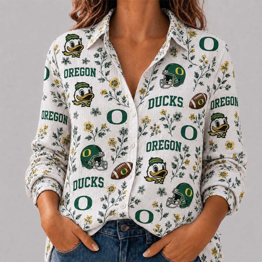 Oregon Ducks College Spirit Blossoms Long Sleeve Button Up Shirt Oregon Ducks Merch Fan Gifts - Merchluma