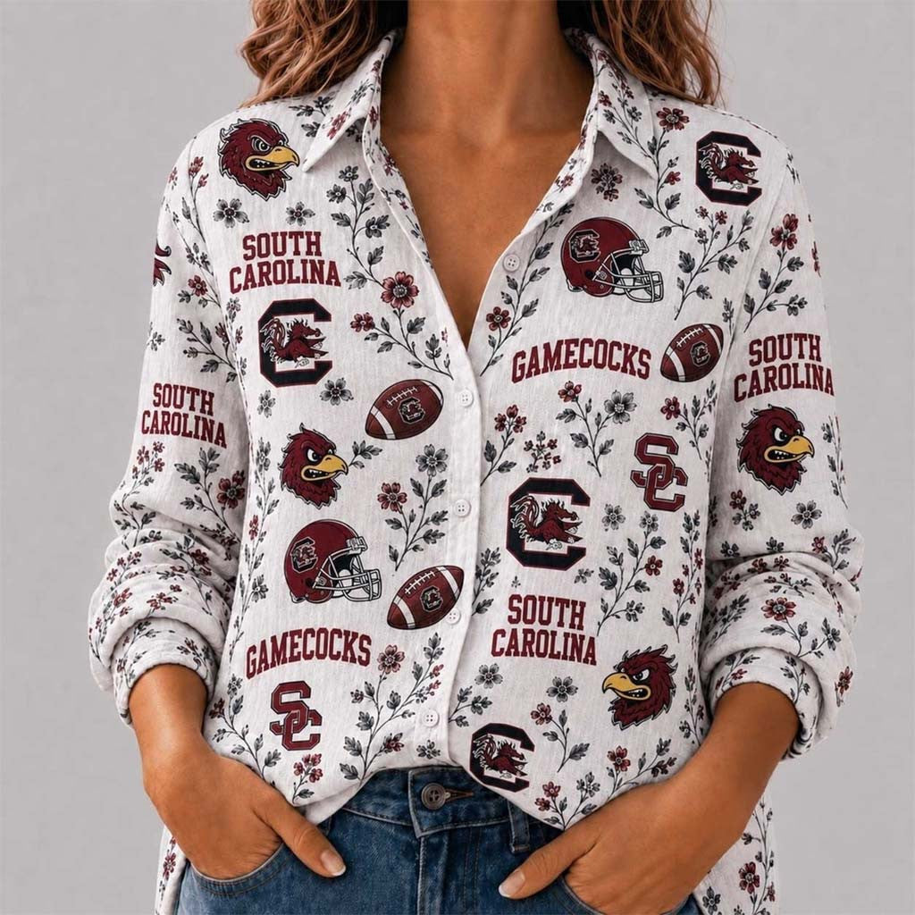 South Carolina Gamecocks College Spirit Blossoms Long Sleeve Button Up Shirt Gamecocks Merch - Merchluma