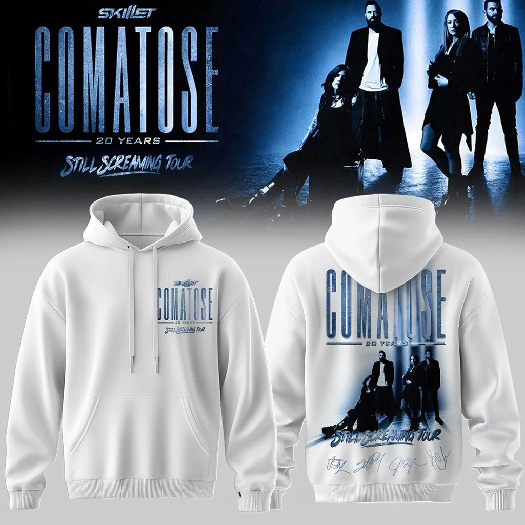 Skillet Merch 2026 Comatose Still Screaming Tour Hoodie 20 Years Skillet Hoodie White Fan Gear - Merchluma