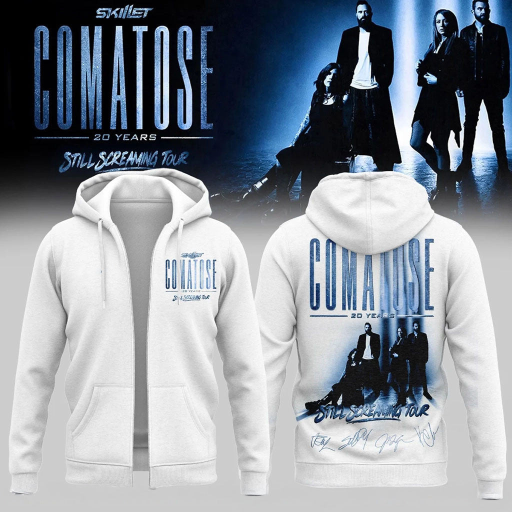 Skillet Comatose Still Screaming Tour Zip Hoodie White 20 Years Skillet Merch 2026 Fans Gifts - Merchluma