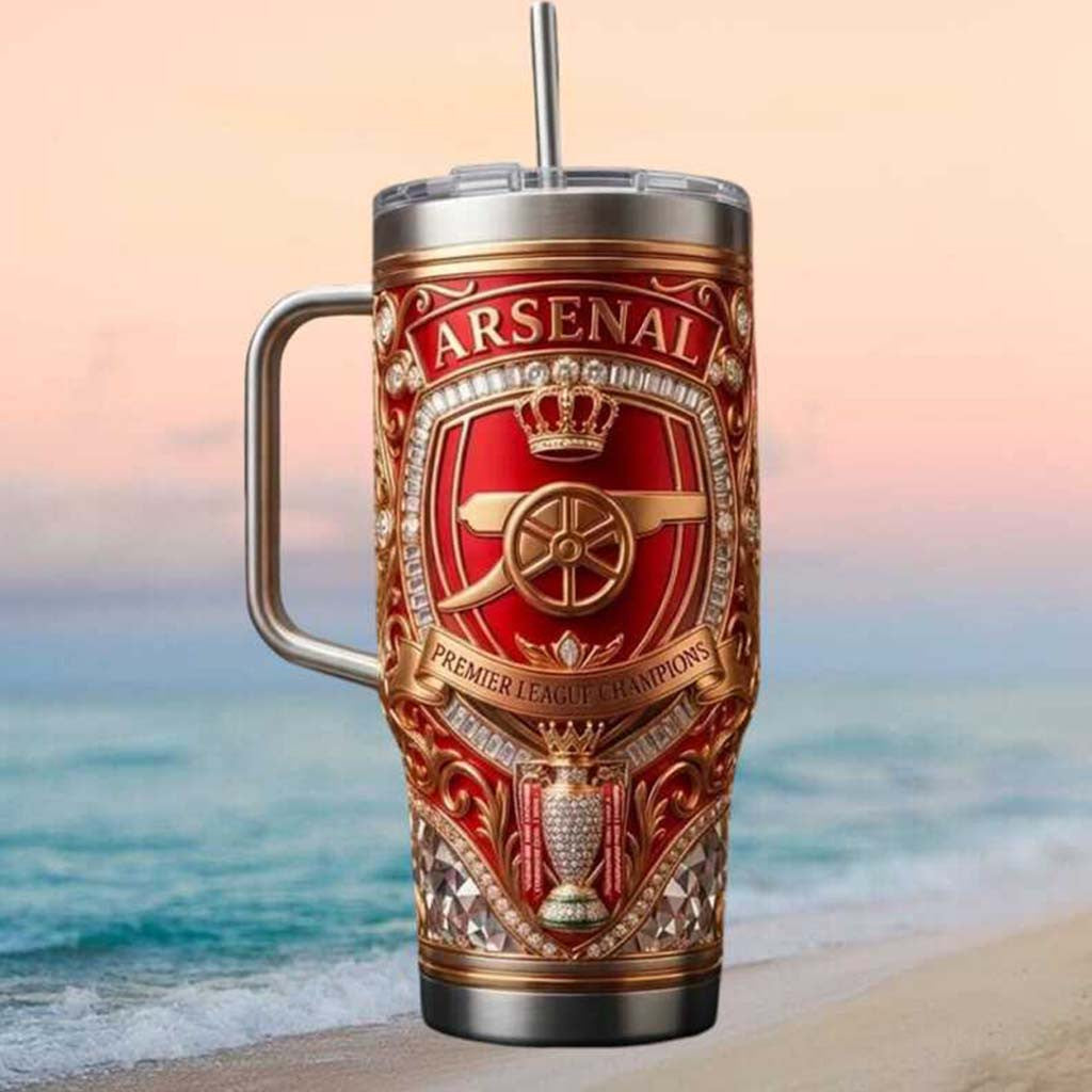 Arsenal FC Premier League Champions Trophy Crest Tumbler Arsenal FC Merch Gifts For Fans - Merchluma