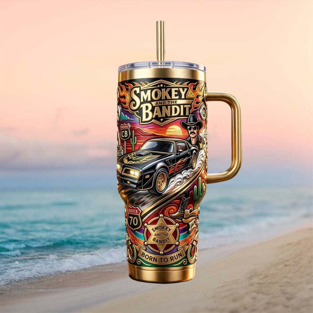 Smokey And The Bandit Merch Born To Run Trans Am Sheriff Badge Travel Tumbler Him Gifts - Merchluma