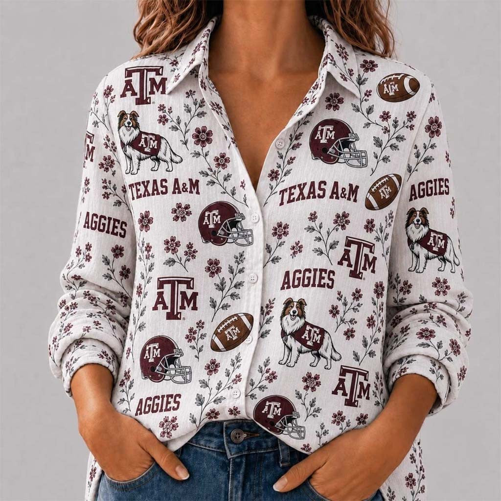 Texas A&M Aggies College Spirit Blossoms Button Up Long Sleeve Shirt Texas A&M Aggies Merch - Merchluma