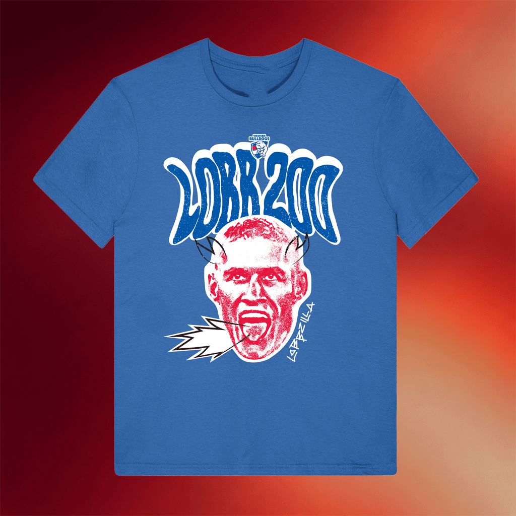 Western Bulldogs Merch 2026 Nick Auditore Represents Western Bulldogs Lobzilla 200 Games T-Shirt - Merchluma