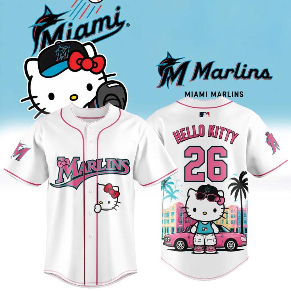 Hello Kitty X Miami Marlins 2026 Baseball Jersey Miami Marlins Merch Cute Baseball Fan Gear - Merchluma