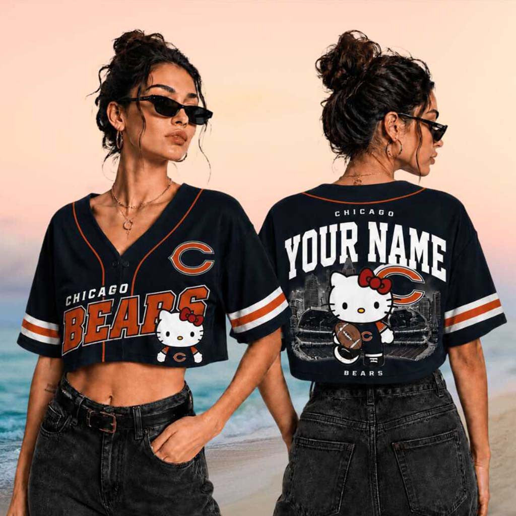 Custom Chicago Bears x Hello Kitty Crop Baseball Jersey Bears Merch Best Gifts For Football Fans - Merchluma